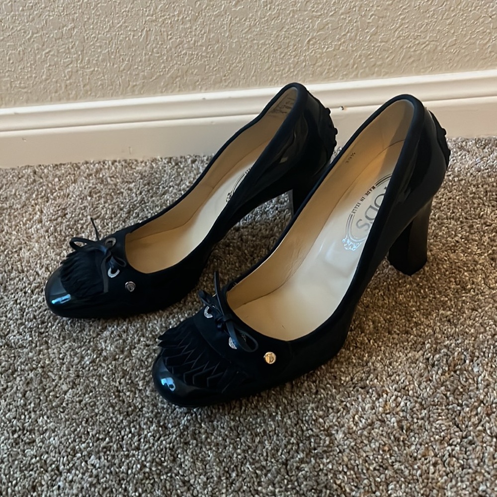 TODS Navy Blue Fringe Penny Loafer Leather heels
